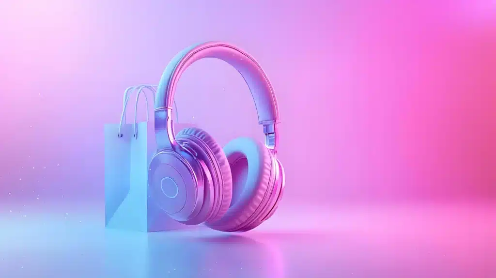 תמונה תלת מימדית של אוזניות ושקית של מוצר