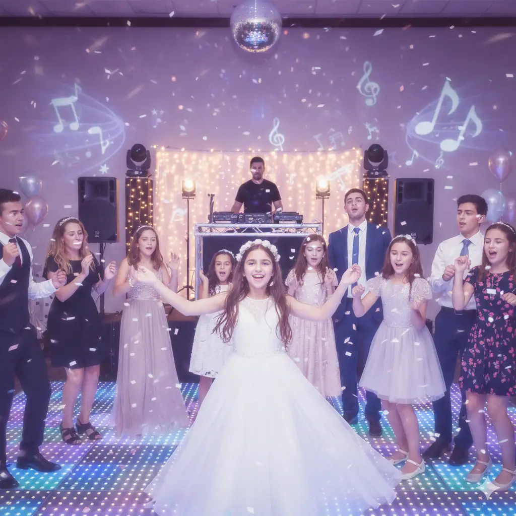ילדת בת מצווה ברחבת הריקודים מוקפת באורחים רוקדים