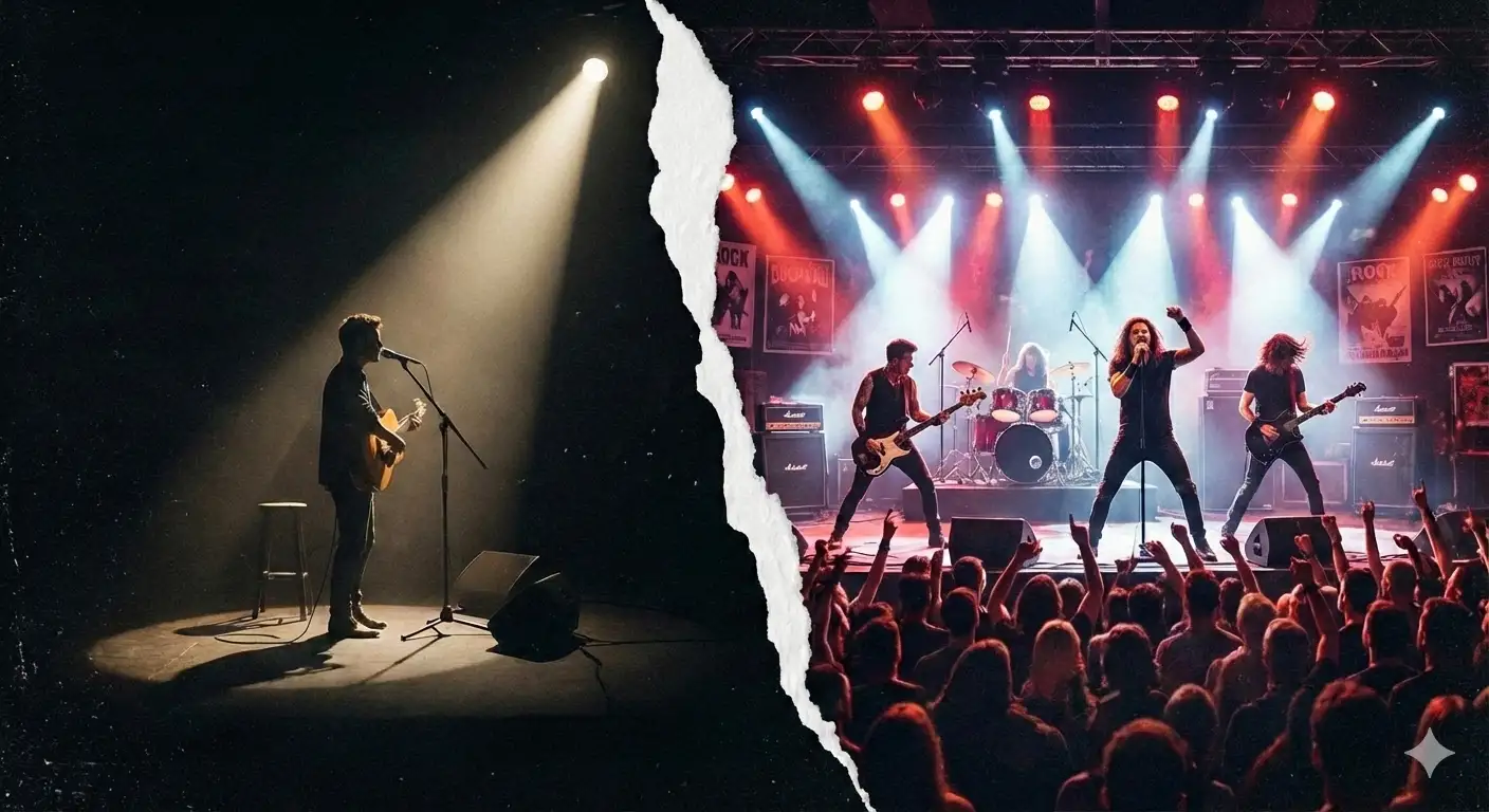 תמונה חצויה, החצי הראשון מראה להקה והחצי השני מראה זמר